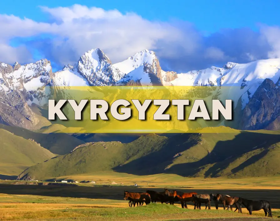 Kyrgyzstan's picturesque landscape with mountains and horses, highlighting a tour package to the region.